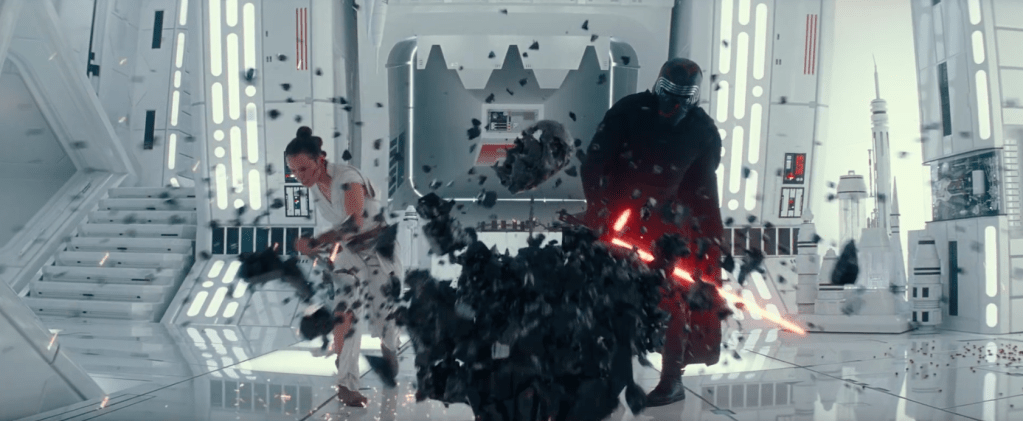 Ren and Rey striking down the helmet stand for Vader