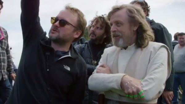 Rian Johnson with Mark Hamill on the set of The Last Jedi