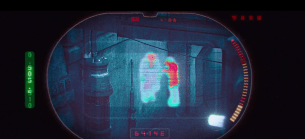 The Mandalorian heat vision as he spies on the client and Dr. Pershing