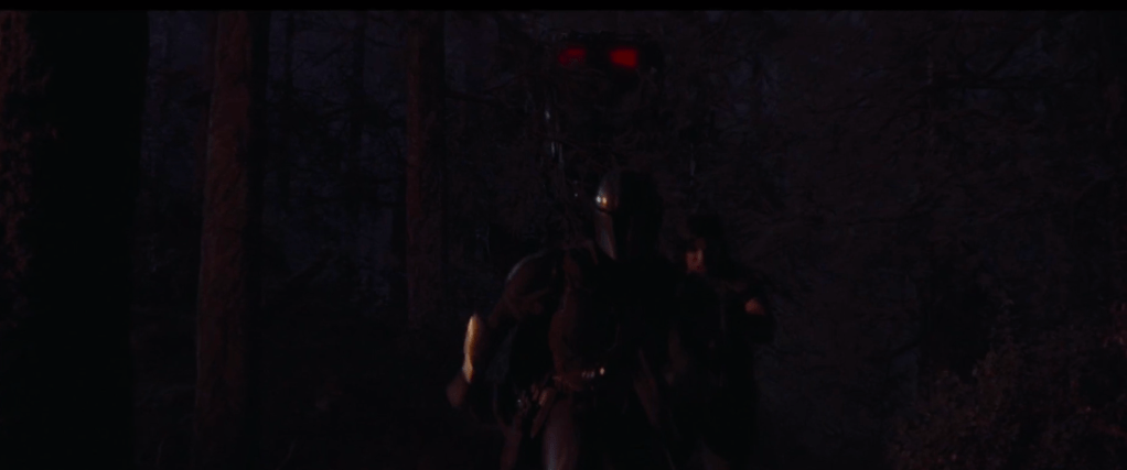 The walker in hot pursuit of Mando and Cara Dune as they run toward the village to trap the AT-ST