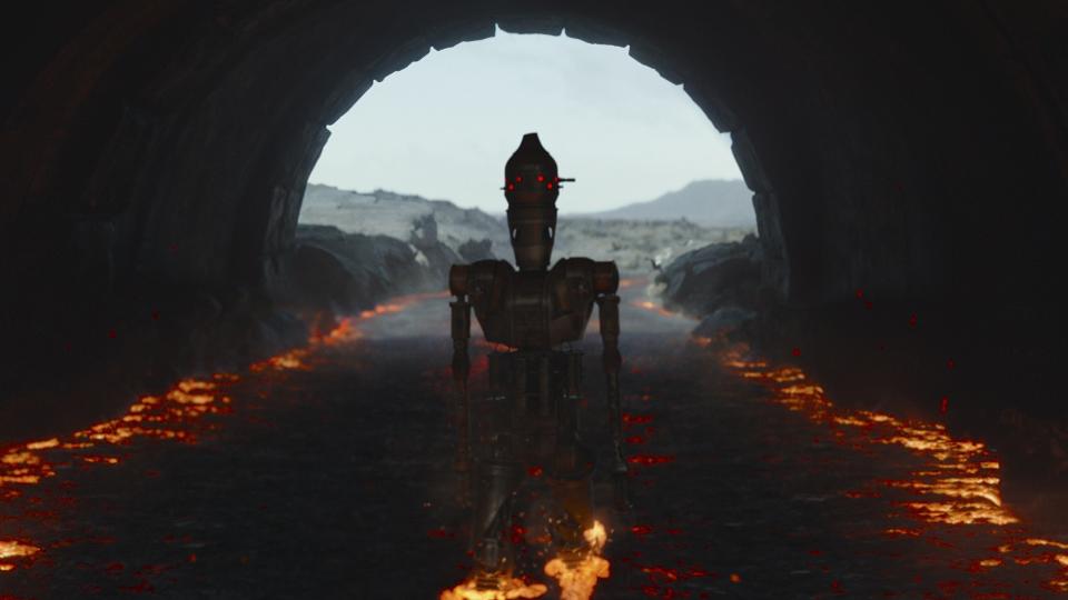 IG-11 walking through the lava to self destruct and take out the troopers waiting. 