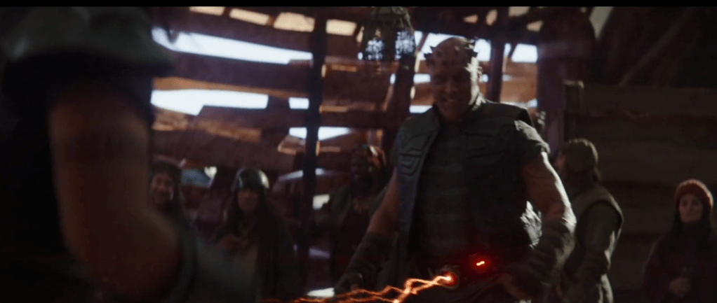  Cara dune in a fight with this alien to win some money. She placed some bets that she could beat him and she did. 