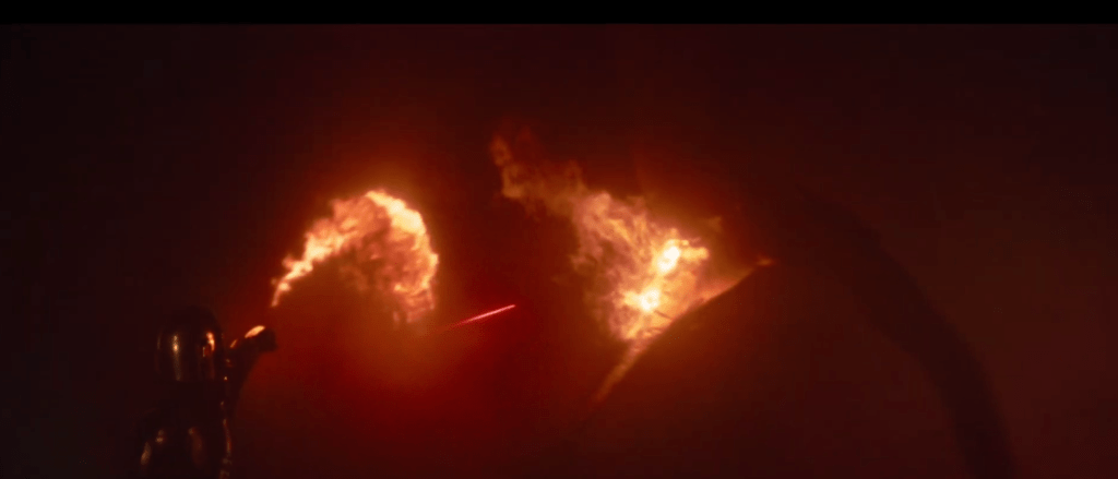 The dragons try and take Karga but are only able to slice up his arm pretty bad. They all start shooting wildly at the dragons trying not to get taken by one. One of the Karga's bounty hunters gets taken and so does one of Kuiil's blurrgs. He's bummed and goes into dad mode to protect the other ones. A dragon tries to take another blurrgs but they can kill him. Three people and a blurrg later it finally dies down and they're safe. I'm sure they can't wait for the morning.