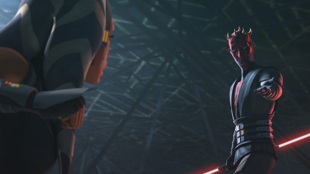 Ahsoka and Maul duel where his power overcomes Ahsoka and she loses her lightsabers, but his powerful strikes aren't as controlled as Ahsoka's and she is able to dodge his strikes and eventually best Maul, throwing him off the loth-catwalk. 