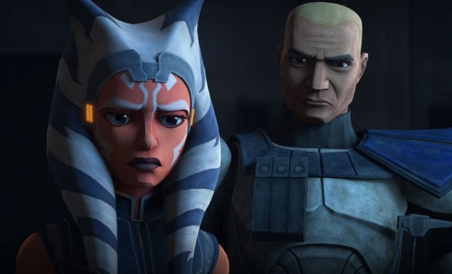 The Clone Wars episode 12 
Ahsoka and Rex must find a new way out and thanks to their droid friends helping to manipulate the floors of the main hanger they are able to safely get below the main hanger deck. Down there they run into some trouble, but they still are able to find a ship. 