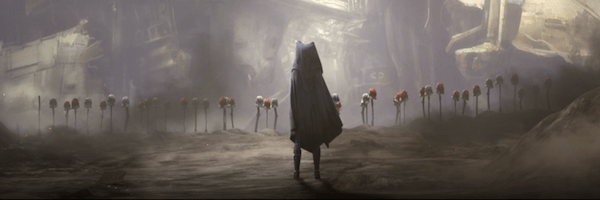 The Clone Wars episode 12 finale. This scene is heavy, Ahsoka sets the helmets on sticks and makes the crashed ship a gravesite for them. This is also where we see Ahsoka put on the cape and hood, drop a lightsaber, and become a hidden entity in the galaxy. 