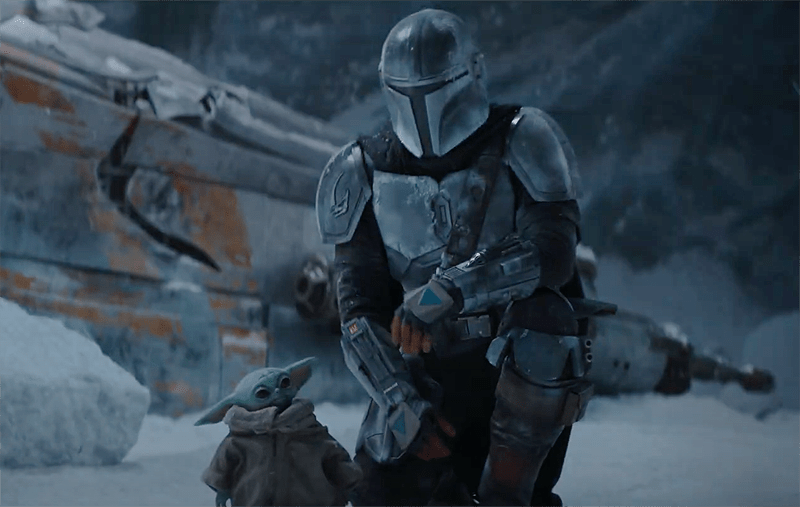 Here we have Mando flying up on an ice planet, which will be different than the one in the first scene unless he returns to it. But here we can see his ship is in great condition and he and baby Yoda are most likely safe. From the shots later on in the trailer, it looks like they are going be exploring that crevice that they flew over and the shot following this one is most likely them landing on this very planet.